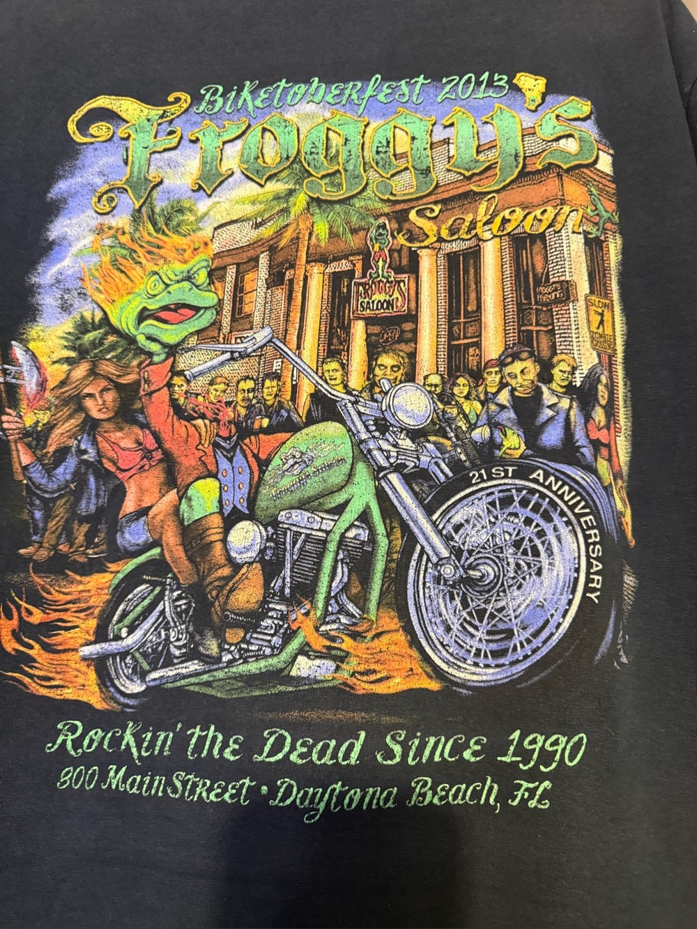 Gildan Black Tee with Green and Yellow Frogger Motorcycle Graphic